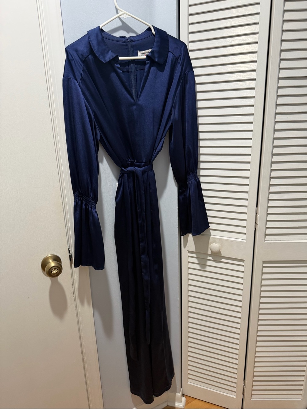 Three Floor Navy Satin Jumpsuit with Tie Waist